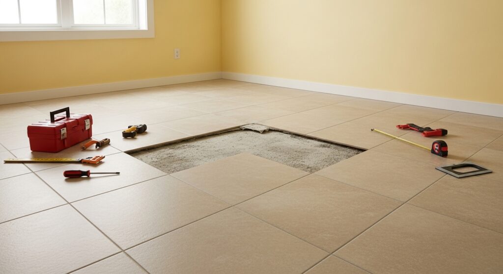 A room under renovation with large beige ceramic floor tiles