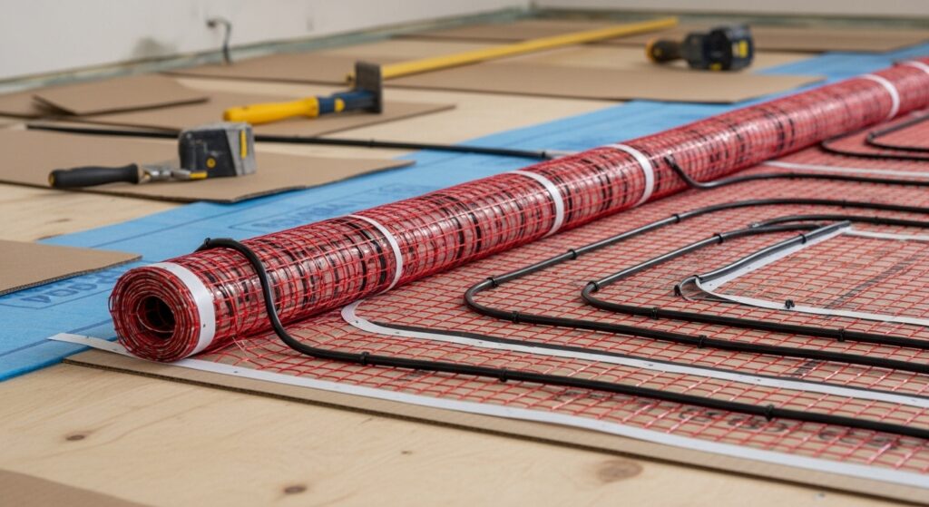 A close-up view of an electric underfloor heating mat being installed on a plywood subfloor.
