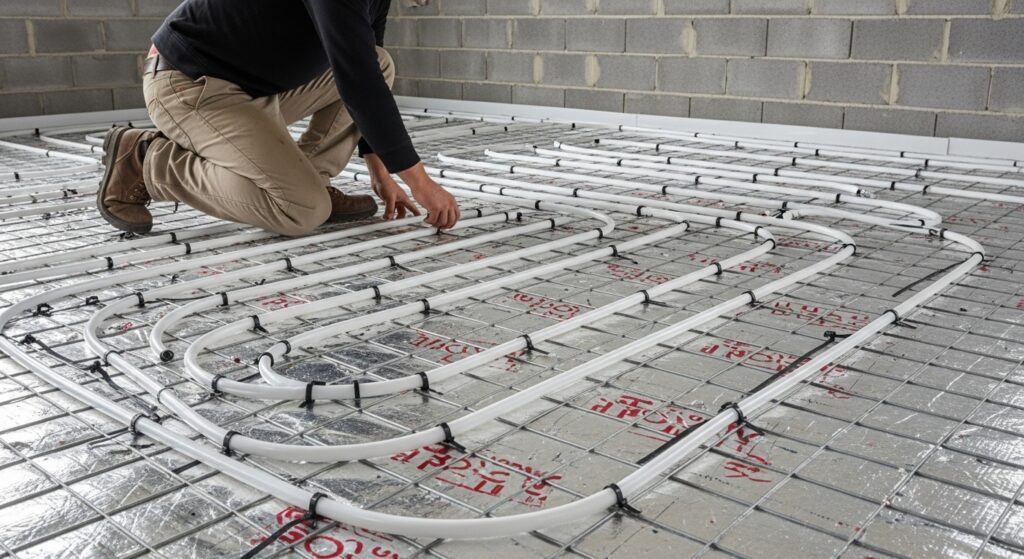 A construction worker kneeling on a concrete floor inside an unfinished room with grey cinder block walls, installing white underfloor heating pipes